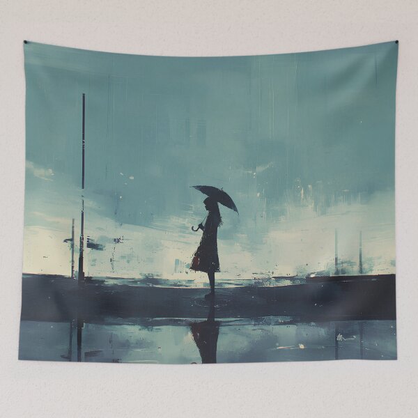 Item preview, Rainy Silhouette – Minimal Cinematic Umbrella Scene in Gray | Emotional Rain Walk Art Print designed and sold by Windy-market.