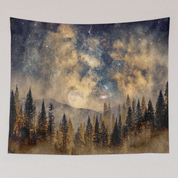 Item preview, Golden Night Forest under Stars with Moon Mist and Cosmic Dreamy Sky Landscape designed and sold by MysticMarble.