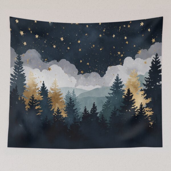 Item preview, Cute Watercolor Starry Forest with Gold Trees Dreamy Night Sky Aesthetic Vibes designed and sold by MysticMarble.