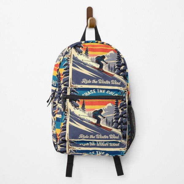 Item preview, Retro Ski Poster with Snowy Pines, Mountains, and Warm Sky Colors designed and sold by SplashTastic.