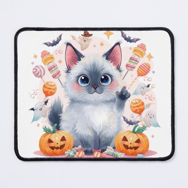Item preview, Fluffy Grey Halloween Cat with Lollipop Treats designed and sold by Siamcatshop.