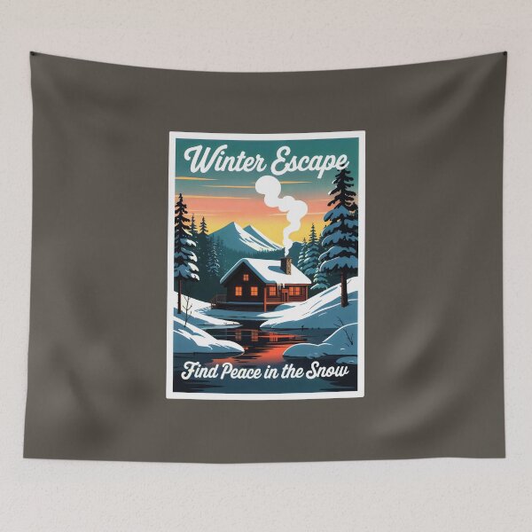 Item preview, Snowy Forest Cabin with Chimney Smoke and Orange Sunset designed and sold by SplashTastic.