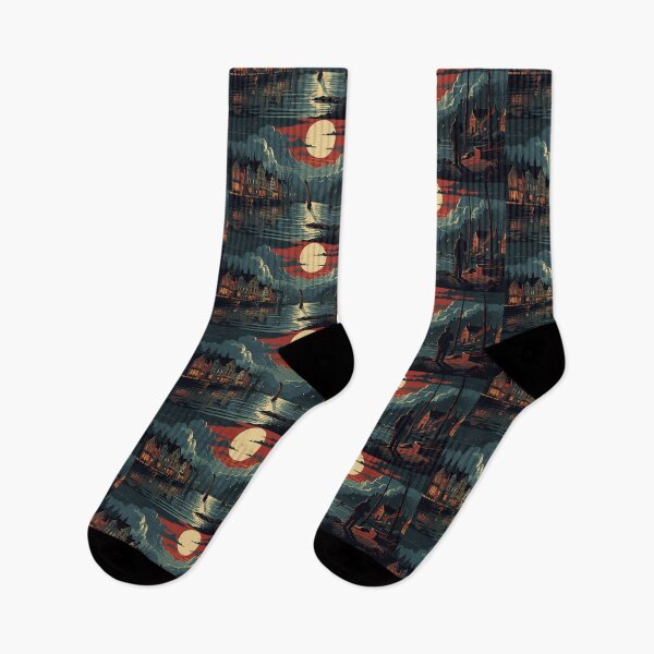 Item preview, “Harbor Moon Mystery” Art Print / T-Shirt Design-Loch Ness Monster, Eerie, Muted, Bay designed and sold by markmm9.