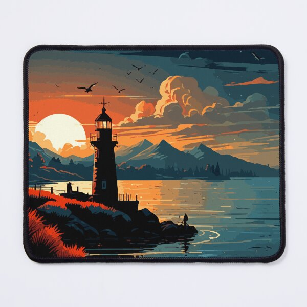 Item preview, “Lighthouse at Dusk” Art Print / T-Shirt Design, tower, sea, ocean, relaxing, clouds, mountains designed and sold by markmm9.