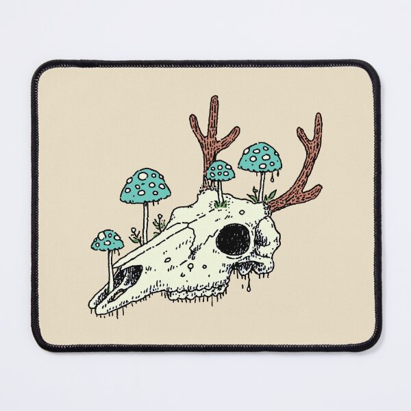 Item preview, Overgrown Mushroom Deer Skull, whimsical ink illustration designed and sold by Magnificent Lizard.
