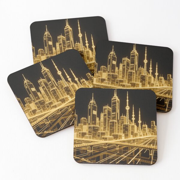 Item preview, Golden Lines of the Future – Neon City Architecture Art designed and sold by ArtiQreate.