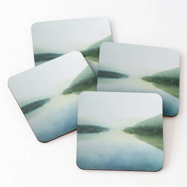 Item preview, Misty Lake Watercolor | Calm Green Landscape Reflection Art designed and sold by solynneart.