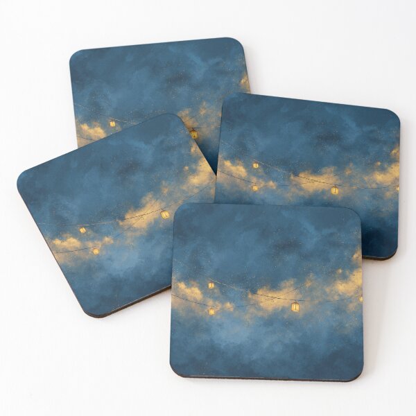 Item preview, Golden Lanterns in the Night Sky | Dreamy Blue and Gold Watercolor designed and sold by solynneart.