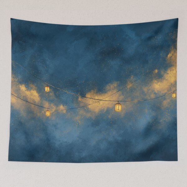 Item preview, Golden Lanterns in the Night Sky | Dreamy Blue and Gold Watercolor designed and sold by solynneart.