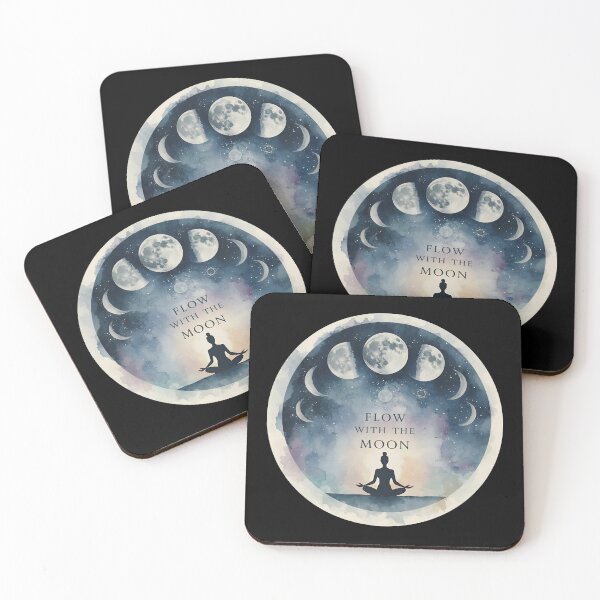 Item preview, Elegant moon phases with yogi meditating below, cosmic aura, mystical text ‘Flow With The Moon’ 6 designed and sold by Neon G.