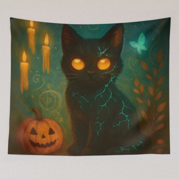 Item preview, Mystic Halloween Cat with Glowing Eyes and Pumpkin designed and sold by FusionGaze.