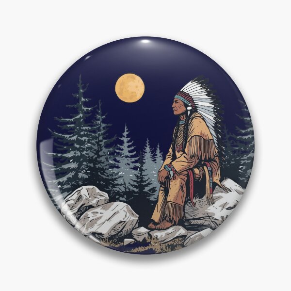Item preview, Majestic Native American Chief Sitting under the moon light on a Rock in the Forest designed and sold by Caira-Design.