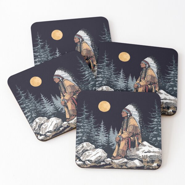 Item preview, Majestic Native American Chief Sitting under the moon light on a Rock in the Forest designed and sold by Caira-Design.