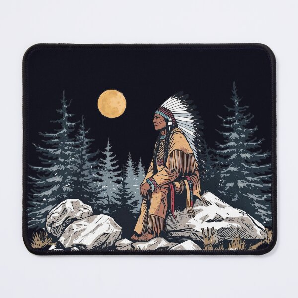Item preview, Majestic Native American Chief Sitting under the moon light on a Rock in the Forest designed and sold by Caira-Design.