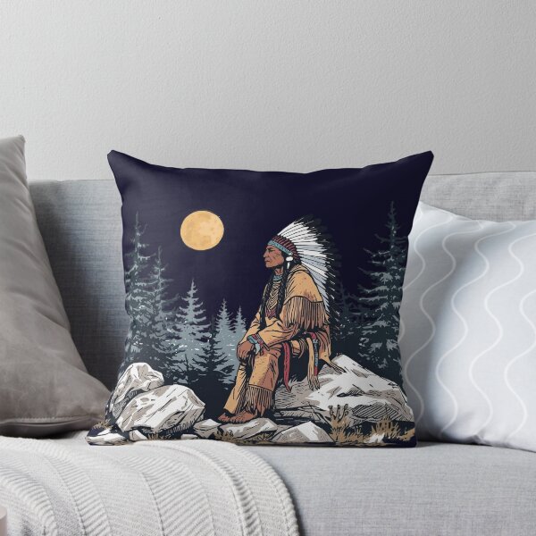 Item preview, Majestic Native American Chief Sitting under the moon light on a Rock in the Forest designed and sold by Caira-Design.