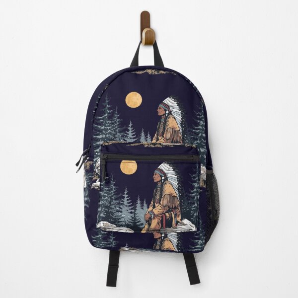 Item preview, Majestic Native American Chief Sitting under the moon light on a Rock in the Forest designed and sold by Caira-Design.