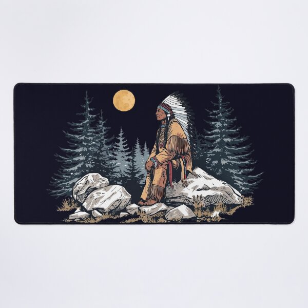 Item preview, Majestic Native American Chief Sitting under the moon light on a Rock in the Forest designed and sold by Caira-Design.