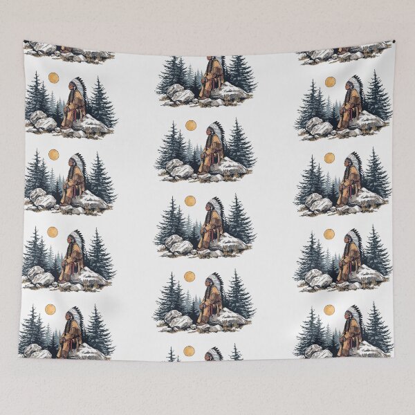 Item preview, Majestic Native American Chief Sitting under the moon light on a Rock in the Forest designed and sold by Caira-Design.