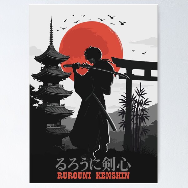 Item preview, Rurouni Kenshin - Samurai Sunset Art with Japanese Temple and Torii Gate designed and sold by T-Chou.