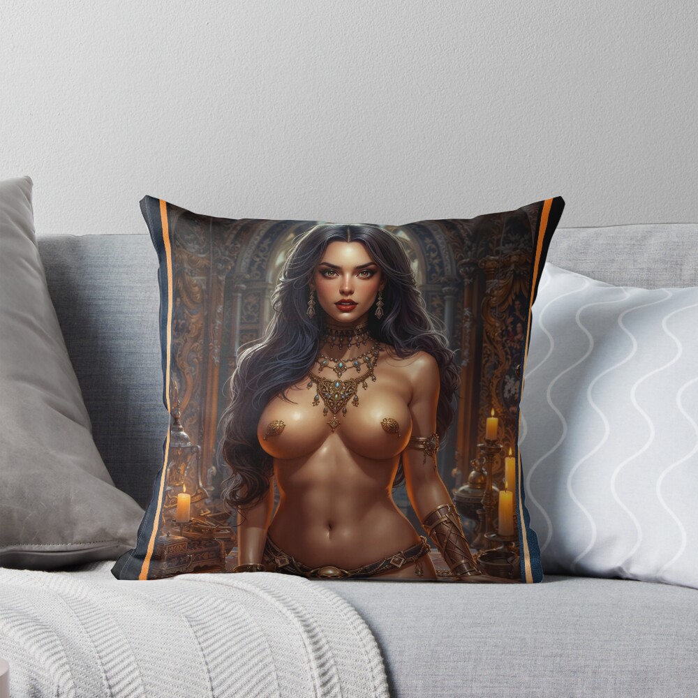 Enchanting Sorceress Rhadia Vossini Fantasy Art Illustration Captivating AI Concept Art by Xzendor7 Decorative Art Print Throw Pillow