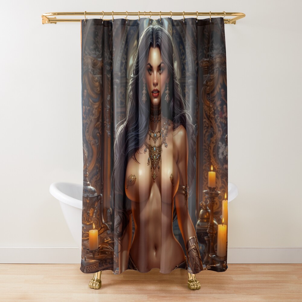 Enchanting Sorceress Rhadia Vossini Fantasy Art Illustration Captivating AI Concept Art by Xzendor7 Decorative Art Print Shower Curtain