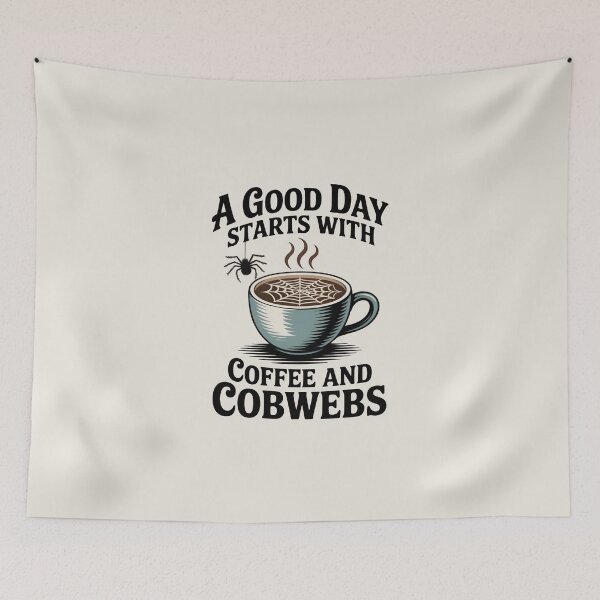 Item preview, A Good Day Starts with Coffee and Cobwebs – Funny Halloween Design designed and sold by Jollys-ArtShop.