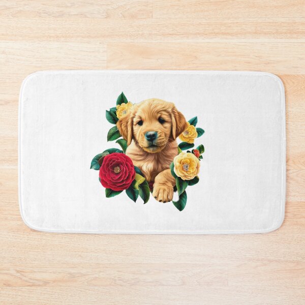 Item preview, Golden Retriever Puppy and Camellia Flowers – Realistic Dog Art Illustration designed and sold by Naturalite19.