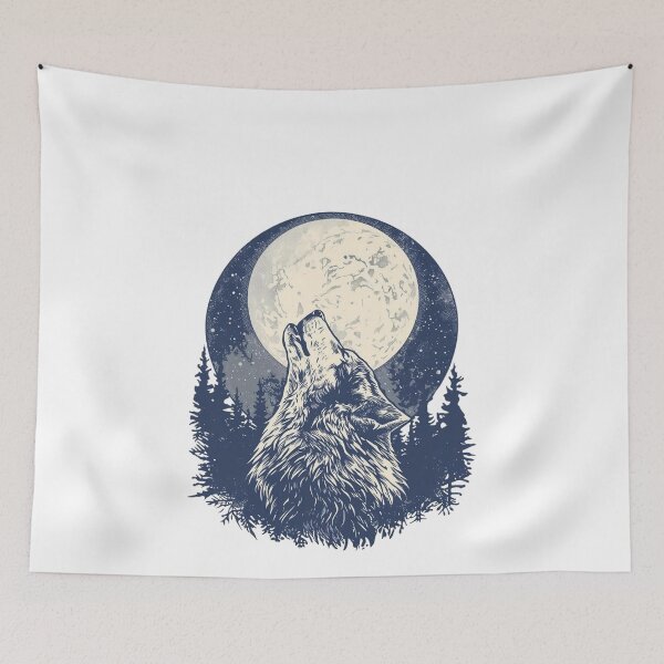 Item preview, Mystical Wolf Howling at Full Moon in Forest | Vintage Engraving Style Wildlife Art designed and sold by Caira-Design.