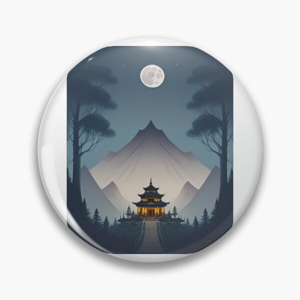 Item preview, Zen temple in front of mountains and full moon designed and sold by GarfunkelGloom.
