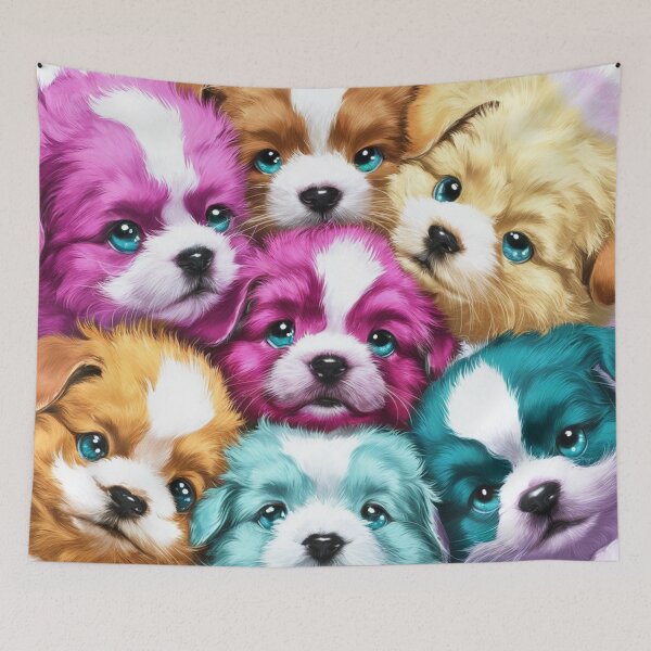 Item preview, A mesmerizing illustration, nine cute and fluffy puppies in different colors, notebook, poster designed and sold by gulka8.