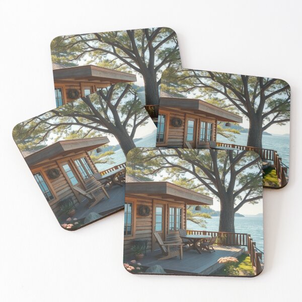 Item preview, Sunny Lakeside Cabin Retreat | Rustic Deck & Vibrant Green Landscape designed and sold by Jade Ado.