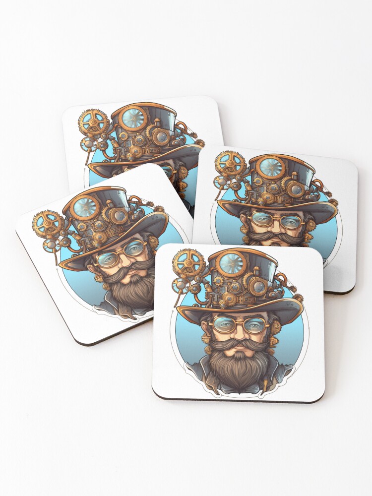 Thumbnail 1 of 5, Coasters (Set of 4), Steampunk Clockwork Master Inventor – Vintage Engineer designed and sold by RBCreates.