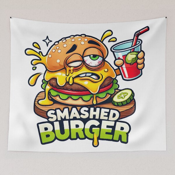 Item preview, Funny Smashed Burger Cartoon Design with Cheese and Drink. designed and sold by The-T-In-Retro.