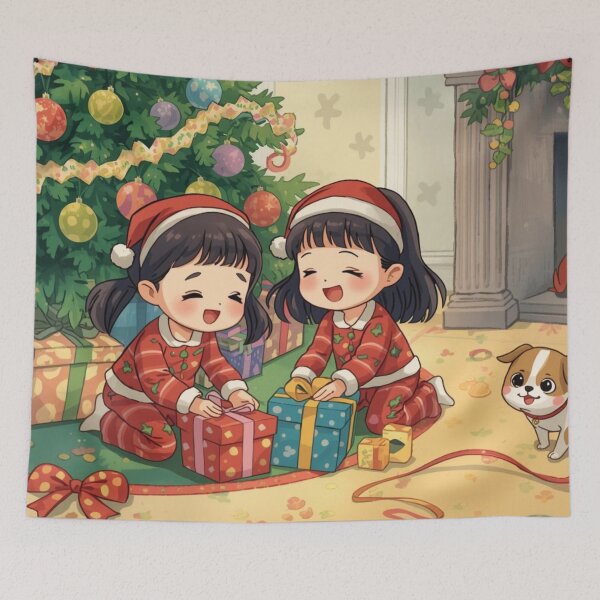 Item preview, Festive Christmas Joy: Kids and Puppy Unwrapping Gifts designed and sold by YAM716.