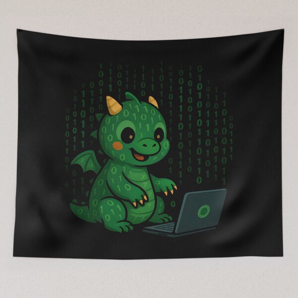 Item preview, Cute Hacker Dragon Typing Binary Code Cartoon Design. designed and sold by The-T-In-Retro.
