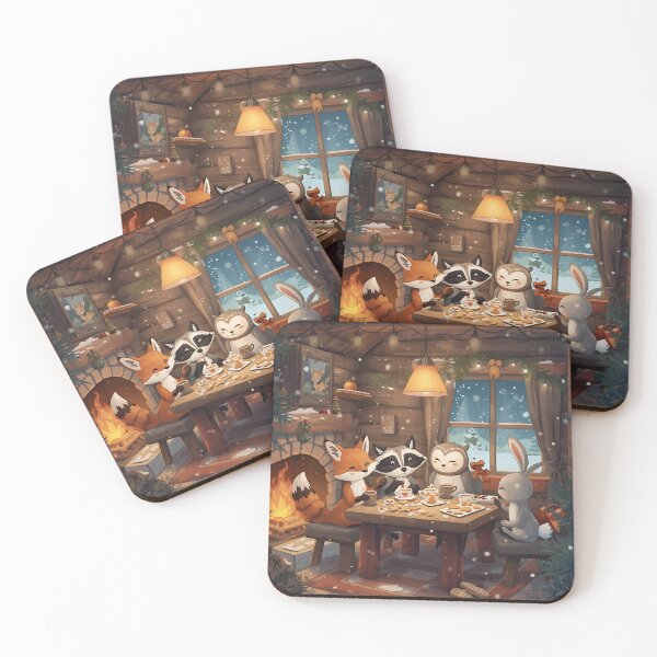 Item preview, Woodland Animals Decorating Cookies Inside a Cozy Winter Cabin designed and sold by WildlifeWhimsy.