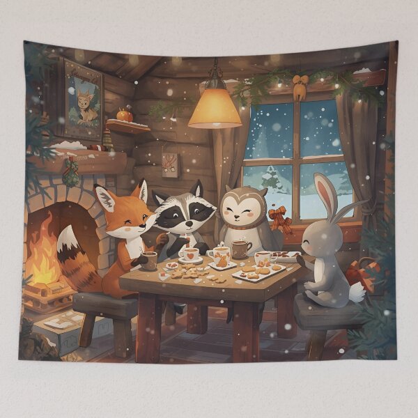 Item preview, Woodland Animals Decorating Cookies Inside a Cozy Winter Cabin designed and sold by WildlifeWhimsy.