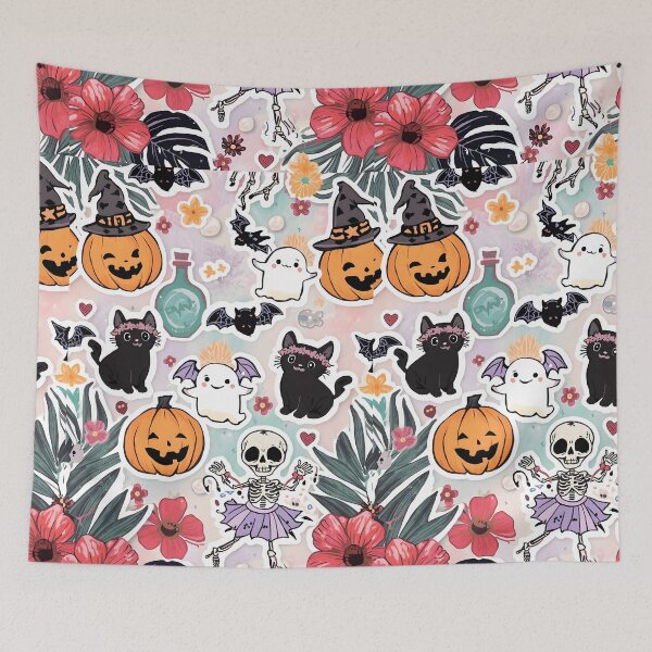 Item preview, Tropical Halloween Spooky Cute Sticker Pack - Dancing Skeleton, Kawaii Black Cat, and Floral Decals designed and sold by MoonlitDoodles1.