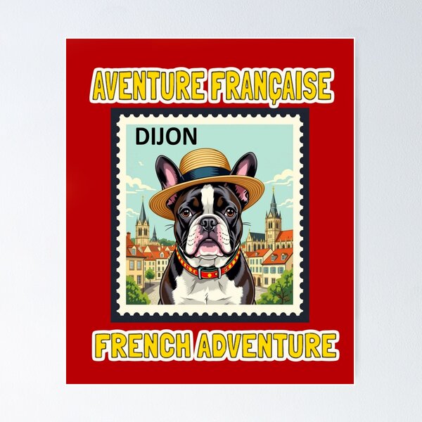 Item preview, Adventurous French Bulldog in Dijon Stamp – Frenchie Travel Gift For Dog Moms & Dads (Stamp Style T-shirt) designed and sold by StickersNQuotes.