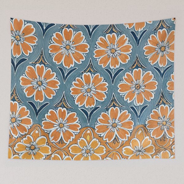 Item preview, Vintage Orange and Blue Floral Tile Pattern designed and sold by SassyArtistry.