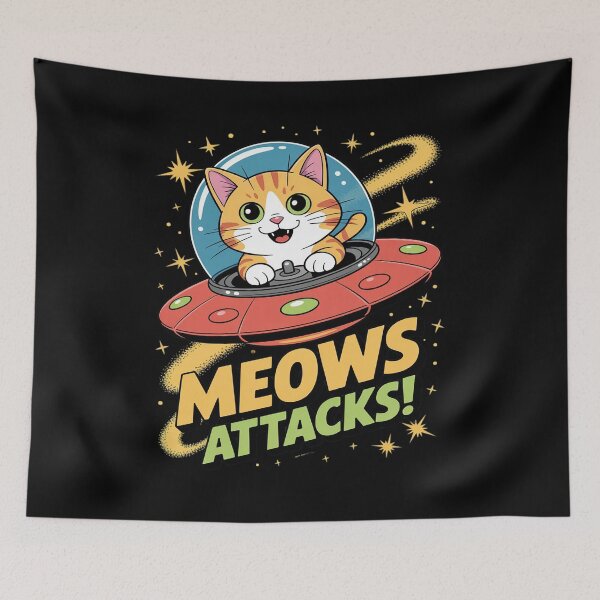 Item preview, Meows Attacks Funny Cat Alien UFO designed and sold by tabdejinti.