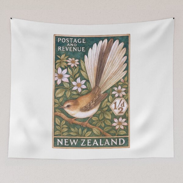 Item preview, New Zealand Fantail Piwakawaka Bird Postage Stamp Art designed and sold by retrographics.