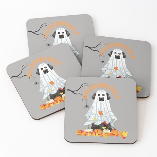 Item preview, Goldenboodle Black Goldendoodle Ghost Halloween Design with Pumpkins designed and sold by Random Candy Studio.