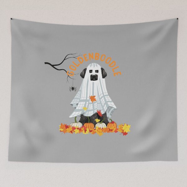 Item preview, Goldenboodle Black Goldendoodle Ghost Halloween Design with Pumpkins designed and sold by Random Candy Studio.
