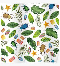 Summer mood. Bugs&Beads collection. Bright watercolor tropic bugs with leaves and beads Poster