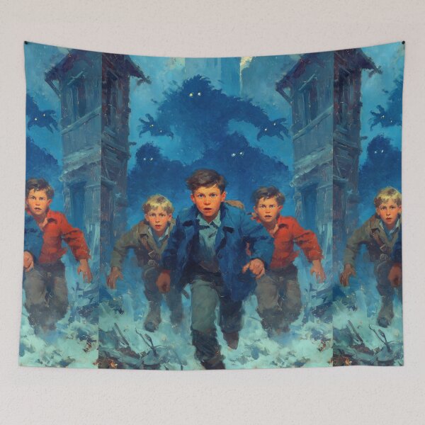 Item preview, Three boys flee the looming shadows in snow. designed and sold by Piotrek0001.