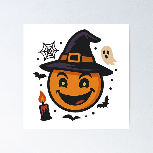 Artikelvorschau, Halloween Smiley mit Hexenhut – Verspieltes Grusel-Poster entworfen und verkauft von Eric Nagel.