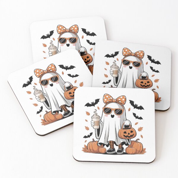 Item preview, Cute Halloween Ghost with Coffee & Pumpkins designed and sold by smilesupplyco..