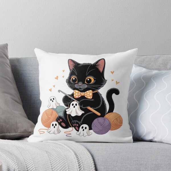 Item preview, Cute Black Cat Knitting Halloween Ghosts designed and sold by smilesupplyco..