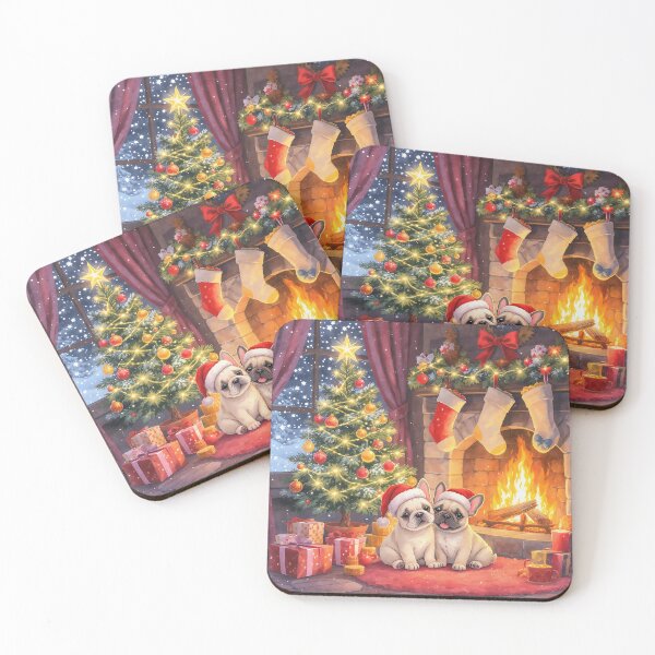 Item preview, French Bulldog Puppies in Santa Hats by Christmas Tree and Cosy Fire! designed and sold by acceleratorhams.